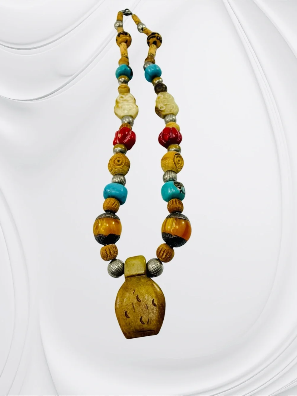 Tibetan Style Wood Stone Pendant Bead Necklace 18” Boho Dangle Red Turquoise